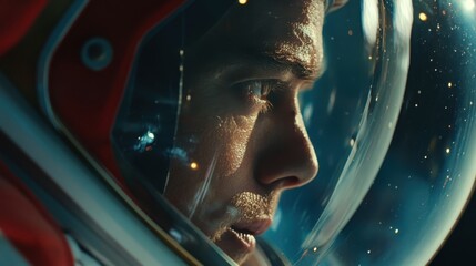 A close-up of an astronautâ€™s face inside a helmet, with the reflection of stars and space visible in the visor.