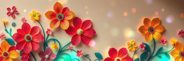 Obraz premium Colorful paper cut flowers with glowing highlights on a vibrant background, decoration, paper cut