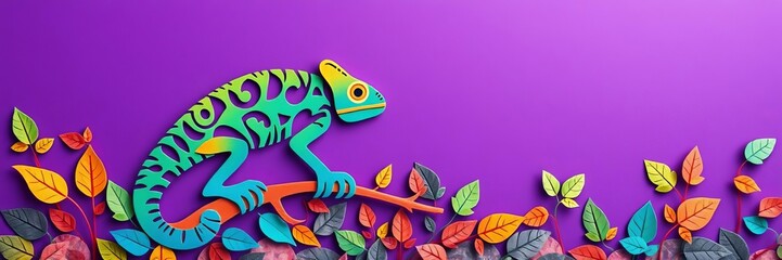 Obraz premium Colorful paper cut scene of rainbow chameleon blending into vibrant foliage, purple background, foliage, scene