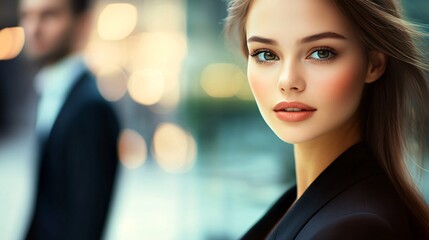 Naklejka premium Beautiful young woman in a business suit looking at the camera, with a blurred man walking behind her in the background. 