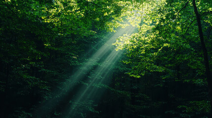 Fototapeta premium natural transpiration process concept. Sun rays penetrate dense forest canopy, creating serene atmosphere