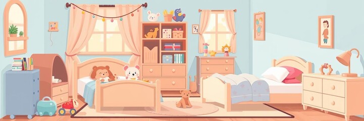 Comfortable cozy baby room decor children bedroom interior with furniture and toys vector illustration, toys, furniture