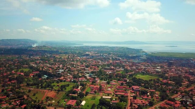 Jinja Town On The North Shores Of Lake Victoria In Southern Uganda. Aerial Drone Shot