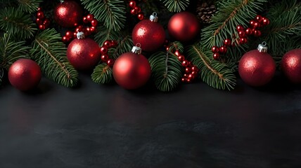 Obraz premium Christmas Decorations with Red Baubles and Pine Branches 