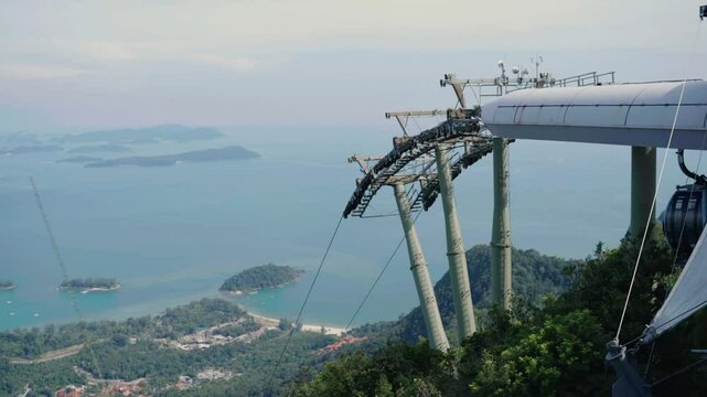 Cable car approaching station and unloading tourists at Langkawi, Malaysia.