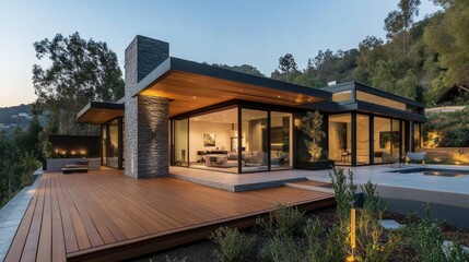 Fototapeta premium Modern house with large windows, wooden deck, and pool, set in a scenic landscape.