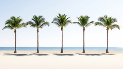 Obraz premium Five palm trees on a pristine beach under a clear sky.
