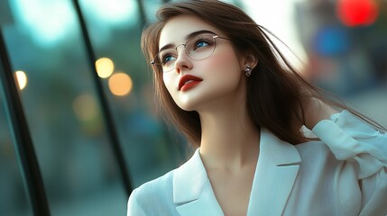 Obraz premium Beautiful young woman in a business suit looking at the camera, with a blurred man walking behind her in the background. 
