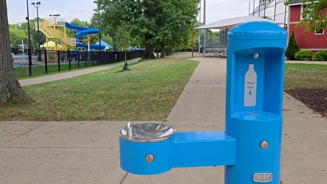 A vibrant blue water fountain with bottle refill station located near a park pathway and a water slide facility.