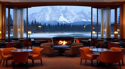 Fototapeta premium Cozy Lounge Overlooking Snowy Mountain Vista