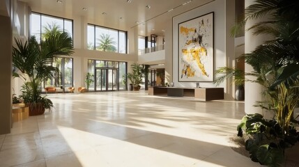 Fototapeta premium Luxurious and Airy Lobby with Artwork and Palms