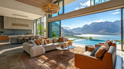 Fototapeta premium Modern living room with panoramic mountain view and infinity pool.