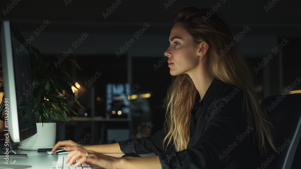 Poster focused woman working late at night in dimly lit office, illuminated by glow of computer screen, wit