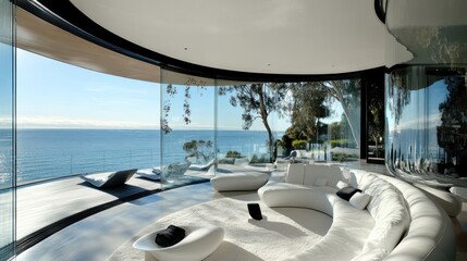 Fototapeta premium Modern living room with panoramic ocean view, featuring sleek furniture and large windows.