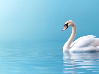 Obraz premium Graceful Swan Gliding on Calm Water Against Serene Blue Background