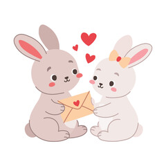 Obraz premium Cute romantic love bunnies, rabbits. Animal characters for valentine's day. Bunny giving a love letter. Vector flat illustration isolated on transparent background.