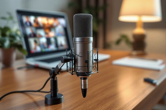 Close-Up of a Professional Microphone Set Up for Remote Online Meetings in a Home Office Environment