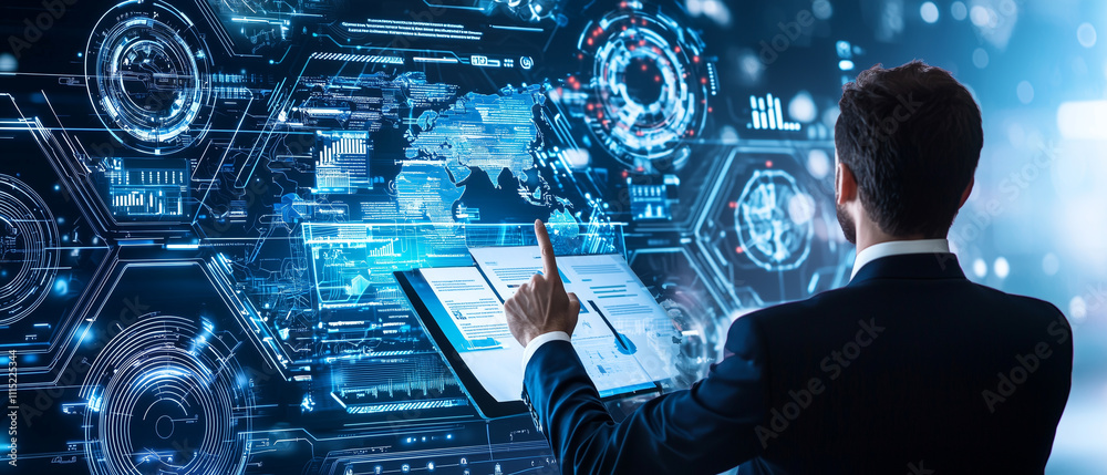Poster business professional interacts with futuristic digital interface displaying global data, analytics, and strategic planning tools in high tech environment