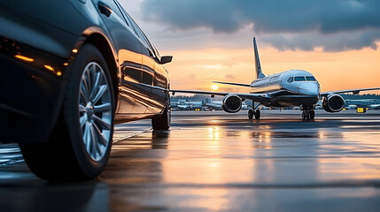 Business class transfer service at the airport. Private executive airplane and luxury car, Airport shuttle