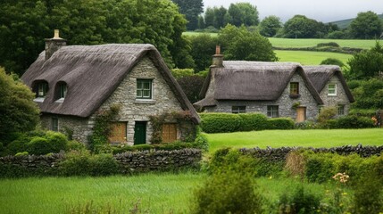 Stone Cottages with Thatched Roofs in a Lush Green Landscape