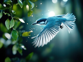 Fototapeta premium Majestic Blue Bird in Flight Through Lush Green Foliage.