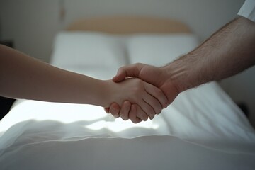 Close-up of hands clasped above hospital bed.