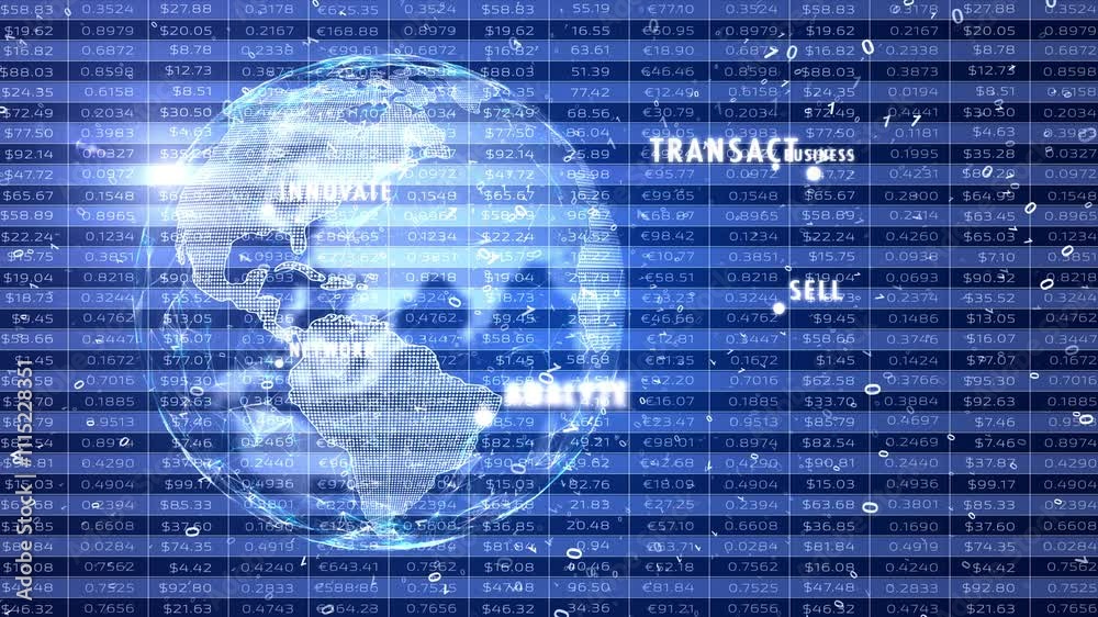 Wall mural digital business network with earth globe and spreadsheet data animation.