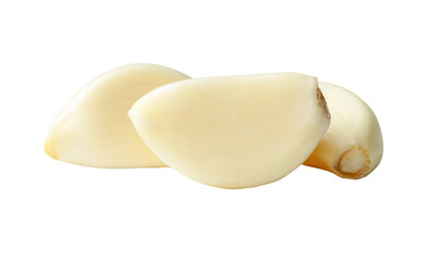 Side view of three peeled garlic cloves in stack isolated with clipping path in png file format