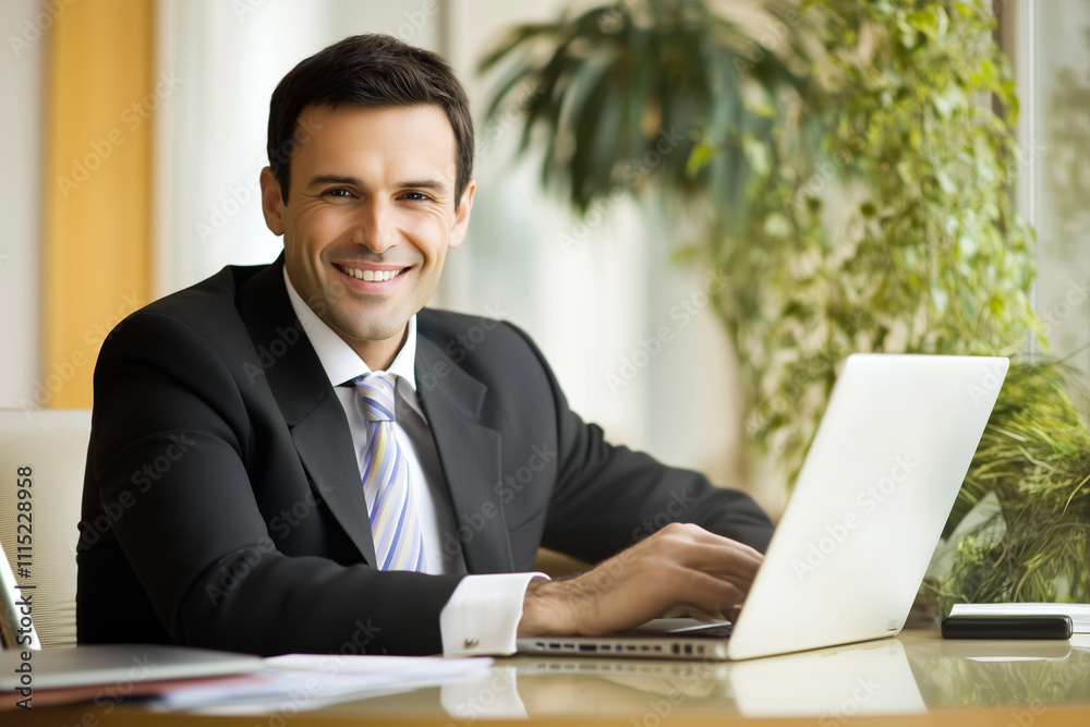 Poster man in a suit is smiling and sitting at a desk with a laptop. he is happy and content while working 
