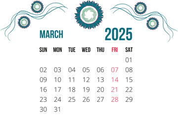 new year calendar 2025 single  march 