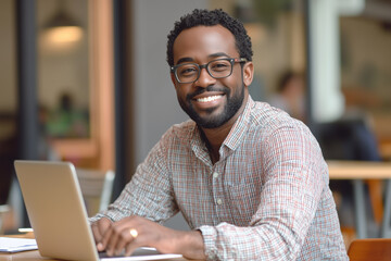  man with glasses is sitting at a table with a laptop in front of him. He is smiling and he is happy