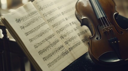 Fototapeta premium Classical music sheet notes that perfectly capture the ageless elegance and complex artistry of orchestral pieces are presented on a wooden stand.