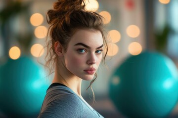 Naklejka premium Fitness studio interior young woman in exercise clothes messy bun hairstyle concentrated