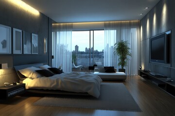 Fototapeta premium Luxurious modern bedroom spacious interior design king-size bed with white bedding