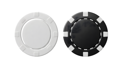 Blank black and white plastic round chip mockup, top view isolated on a transparent background
