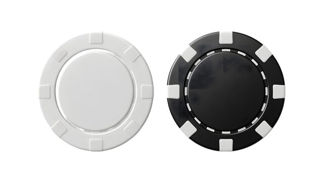 Blank black and white plastic round chip mockup, top view isolated on a transparent background