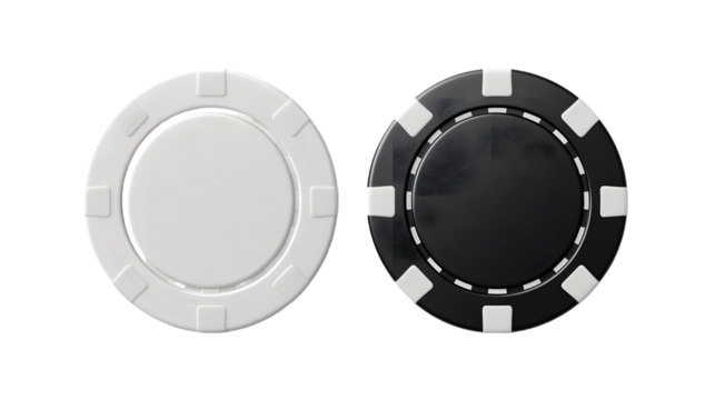 Blank black and white plastic round chip mockup, top view isolated on a transparent background