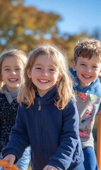 Happy children smiling outdoors on sunny day.