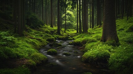 Obraz premium Serene Stream Flowing Through a Verdant Forest
