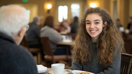 Happy teen girl visits senior man at restaurant.