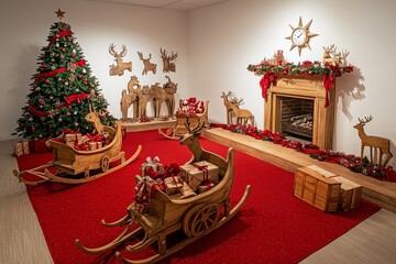 Christmas-decorated white room with wooden deer, fireplace, red carpet, sleighs with gifts, tree, clock, star, reindeer sign, ribbon garland, and wooden decorations around a chest.