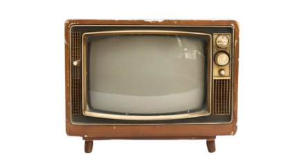 An old vintage retro tv television set with blank screen and isolated on a transparent background