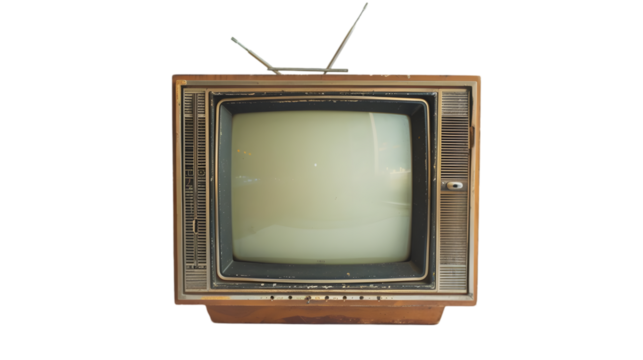 An old vintage retro tv television set with blank screen and isolated on a transparent background