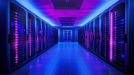 Fototapeta premium Rows of glowing servers in a modern data center. Illustrates data storage, processing power, and digital technology.