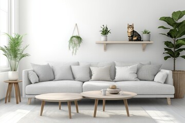 Minimalist living room Scandinavian design white walls light gray sofa wooden legs