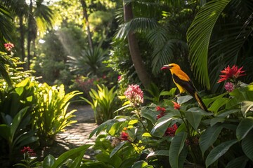 Northern Cardinal perching on branch or flying up to bird feeder for a bite of sunflower seeds