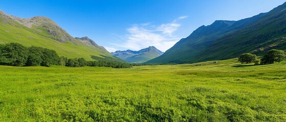 Obraz premium Lush green valley nestled between majestic mountains under a vibrant blue sky.