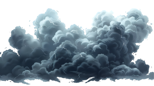 black clouds with lightnings storm and smoke isolated on a transparent background
