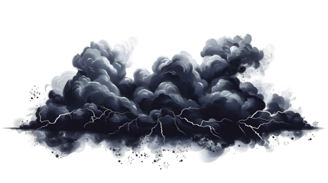 black clouds with lightnings storm and smoke isolated on a transparent background