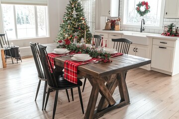Fototapeta premium Christmas table setting in the kitchen with a red plaid runner on an oak dining table, white cabinets, Christmas tree decor, and bright room lighting creating a festive atmosphere.